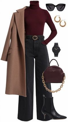 Winter Outfits Jeans Boots, Office Stylish Outfit, Winter Coats Outfits Women, Womens Burgundy Outfits, Outfit Ideas Winter Office, Burgandy Turtle Neck Outfits, 30s Winter Outfits, Sleek Chic Style Outfit, Winter Boot Work Outfits