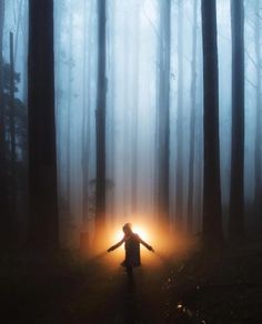 a person standing in the middle of a forest with their arms spread out and light shining through