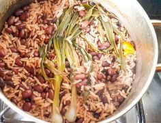 beans and rice in a pot on the stove