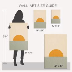 a woman holding a large piece of art with the measurements for it and how to measure it