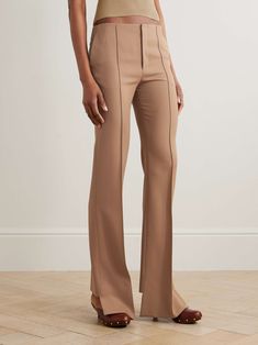 CHLOÉ Grain de poudre wool flared pants Timeless Fitted Wide-leg Dress Pants, Chic Full-length Wool Bottoms, Chic Full Length Wool Bottoms, Chic Full-length Wool Pants, Luxury Fitted Wide Leg Full Length Pants, Elegant Wool Beige Bottoms, Elegant Beige Wool Bottoms, Fitted Wool Wide-leg Pants, Luxury Brown Straight Pants