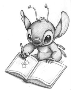 a pencil drawing of a cartoon character reading a book with an apple on the page