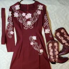 Custom Western Dress, Matching Boots And Belt. Burgundy With Pink Embroidered Roses And Crystal Accents. Dan Post Boots (Size 7 M). Dan Post Boots, Embroidered Roses, Western Dress, Dan Post, Western Dresses, Custom Dresses, Colorful Dresses, Roses, Long Sleeve Dress