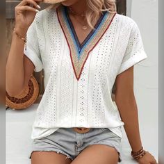 Rainbow Crochet Guipure Lace V Neck Eyelet Boho Short Sleeve Shirt. Lightweight, Stretchy Top That Adds A Boho Touch To Any Outfit! Size Medium, Large Or X-Large. New With Tags. Buy With Confidence, I Have Great Reviews, And Ship Quickly With Care. Clean, Non-Smoking Home. Resort Summer Festival Date Night Cruise Bohemian Vintage Flirty Hippie Trendy Beach Vacation Coachella Ethereal Aurora Frill Boho Hippie 60's 70's Beachy Western Winter Fall Gift Resort Bohemian Girly Minimalist Y2k 00s Trave V-neck Tops With Crochet Trim For Vacation, Chic V-neck Crochet Top For Day Out, Casual V-neck Crochet Top For Beach, Chic V-neck Blouse With Crochet Trim, White V-neck Top For Beach Season, Casual V-neck Top With Crochet Trim, Chic Beach Tops With Crochet Trim, Chic Crochet Top For Beach Season, Casual V-neck Crochet Top