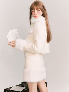 ❤︎ Fur Short Coat + Voluminous Fur Tight Skirt❤︎ Chic Fitted Winter Skirt, White Stretch Skirt For Winter, Winter White Chic Skirt, Chic White Winter Skirt, Chic White Winter Bottoms, Chic White Bottoms For Winter, Chic White Mini Skirt For Winter, Fitted Denim Skirt For Winter, White Mini Skirt For Winter Workwear