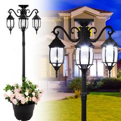 an image of a lamp post with flowers in the planter and house behind it