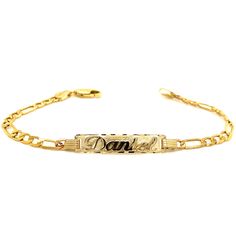 Cherish the Moment with our 14k Yellow Gold Kids ID Bracelet: Crafted in the timeless Solid Figaro style links, this bracelet is a symbol of elegance and love. We believe in the power of personalization. Your child's name is expertly cut from solid 14k Gold and elegantly overlaid on the bracelet, creating a one-of-a-kind accessory. Additionally, you have the option to engrave a significant date on the back of the nameplate, transforming this bracelet into a cherished keepsake.  Whether it's a bi Fine Jewelry White Gold Promise Bracelet, White Gold Oval Link Bracelet For Anniversary, Elegant Engraved Bracelet For Formal Occasions, Luxury Oval Link Bracelet For Anniversary, Elegant Gold Bracelet For Promise, Formal Engraved Link Bracelets, Luxury Round Promise Bracelet, Heirloom 14k Yellow Gold Bracelets, Heirloom 14k Yellow Gold Bracelet