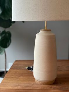 a table with a lamp on it next to a potted plant