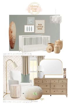 a baby's room is shown with neutrals and pastel colors, such as white