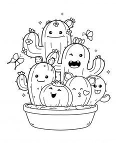 cactus and other plants in a bowl with faces drawn on the side, coloring pages for kids