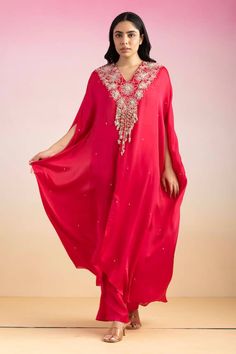 Pink kaftan with embroidered floral patterns and sequin bead tassel embellishments. Comes with a palazzo. - Aza Fashions Traditional V-neck Abaya For Wedding, Maxi Length Kaftan For Wedding And Navratri, Wedding Kaftan For Navratri In Maxi Length, Designer V-neck Dresses With Zari Work, Semi-stitched Kaftan For Eid Party, V-neck Kurta With Dabka Work For Party, Hand Embellished Floor-length Kurta For Eid, Floor-length Hand Embellished Kurta For Eid, Embellished Maxi-length Kurta For Diwali