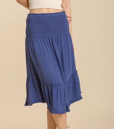 Turn heads in the versatile Loxley Strapless Dress, made with a linen blend for lightweight comfort. The smocked top and ruffle hem add feminine flair, while the denim blue color adds a playful touch. Wear it as a dress or skirt, perfect for any occasion. Casual Smocked Dress With Gathered Skirt For Summer, Casual Rayon Smocked Dress For Spring, Chic Cotton Smocked Dress With Ruffle Hem, Spring Cotton Knee-length Smocked Dress, Spring Cotton Smocked Knee-length Dress, Spring Knee-length Cotton Smocked Dress, Spring Rayon Smocked Dress, Casual Knee-length Cotton Smocked Dress, Casual Smocked Dress With Tiered Skirt For Day Out