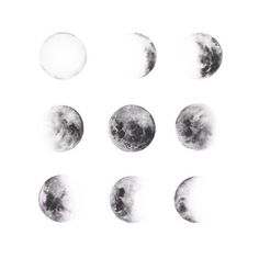 six phases of the moon are shown in black and white, with one full moon visible