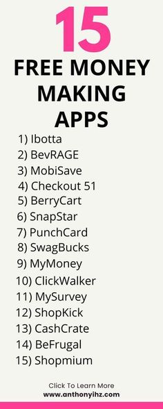the 15 free money making apps list is shown in pink and white with black text