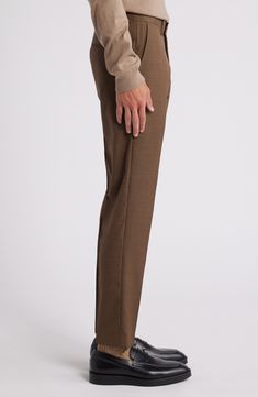 Tailored from subtly patterned wool, these all-occasion dress pants feature classic flat-front styling and a mid-rise fit that stays slim through the legs. 30 1/2" inseam; 13" leg opening; 10" front rise; 15 1/2" back rise (size 48EU) Zip fly with hook-and-bar closure Front slant pockets; back welt pockets Partially lined Unhemmed 100% wool Dry clean Imported Slim Fit Business Pants For Fall, Business Slim Fit Pants For Fall, Fall Business Slim Fit Pants, Elegant Wool Dress Pants For Fall, Brown Slim Fit Dress Pants For Fall, Slim Fit Dress Pants For Business In Fall, Classic Fitted Pants For Office Wear, Fall Business Slim Fit Dress Pants, Wool Dress Pants For Business Casual With Tapered Leg