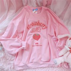 Harajuku Kawaii Strawberry Letter Print Pink Hoodie Top · KoKo Fashion · Online Store Powered by Storenvy Kawaii Sweatshirt, Style Kawaii, Strawberry Pink, Strawberry Milk, Sweatshirt Women, Mori Girl, Kawaii Clothes, Pink Sweatshirt, Pink Hoodie