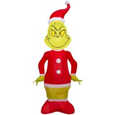 an inflatable christmas character wearing a santa hat and red pants with eyes wide open