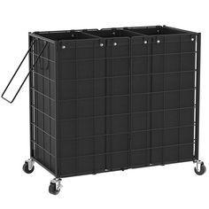 a black storage cart with three bins on wheels