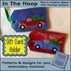 two gift card holders with the words happy holidays on them and an image of a red truck