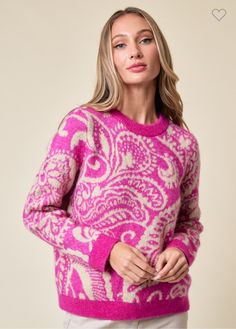 Achieve cozy comfort and feminine flair with our Pink Paisley Sweater. This warm and soft garment boasts a beautiful paisley design, making it a chic addition to any wardrobe. Experience stylish comfort with every wear. Paisley Sweater, Jacquard Sweater, Pink Paisley, Print Sweater, Paisley Design, Women Sleeve, Early Spring, Spring 2024, Sweater Long Sleeve