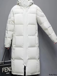 Katykey - Professional Product Title: Womens Hooded Mid-Length Winter Coat with Long Sleeves - Casual Solid Outerwear Long Plain Winter Outerwear, Plain Long Winter Outerwear, Winter White Long Outerwear For Winter, Winter White Long Outerwear, Long Winter White Outerwear, White Hooded Parka For Cold Weather, Casual Hooded Parka In Winter White, Casual Hooded Winter White Parka, Plain Long Sleeve Outerwear For Streetwear