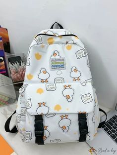 Bird in Bag - Portable Classic Casual Patchwork Little Duck Print Capacity Multi-Pocket Student Backpack School Supplies Perfect for School, College, Elementary School, Cute School Backpack With Pockets, Trendy White Backpack With Pockets, Cute Standard Backpack With Pockets, White Backpack With Pockets For Back To School, Casual White Student Backpack, Casual White School Backpack, White Backpack With Pockets For Daily Use, White Casual Backpack With Zipper Pocket, Casual White Backpack With Zipper Pocket