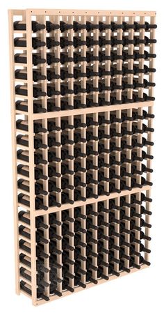 a wooden wine rack filled with lots of bottles