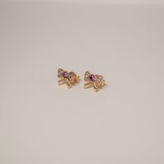 18K Gold Filled Quality CZ Stones Gold Cubic Zirconia Clip-on Earrings For Gift, Gold Clip-on Earrings With Sparkling Stones, Gold Crystal Earrings With Sparkling Stones For Gift, Yellow Gold Crystal Earrings With Sparkling Stones For Gift, Yellow Gold Crystal Earrings With Sparkling Stones, Purple Bow, Purple Bows, Bow Earrings, Cz Stone