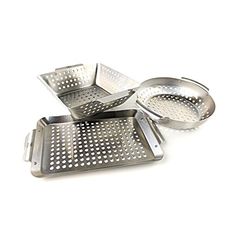 three stainless steel strainers on a white background