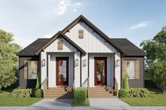 a small white house with two red doors