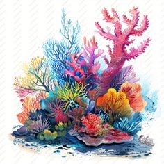 an underwater scene with colorful corals and seaweed on the bottom, watercolor