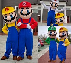 four different pictures of mario and luigi in costumes