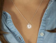 Sterling Silver Sun Necklace, Small Sun Pendant, Dainty Sunburst Necklace, Delicate Minimalist Pagan Necklace This dainty minimalist necklace features small sun pendant hanging from delicate chain.  Perfect present for the ones you love once you beat the temptation to leave for yourself. "The sun is new each day."   🌼    Details: Delicate Sterling Silver Chain Sterling Silver Sun pendant - 17,5 mm 100% Handcrafted with love from top quality materials only! I use only SOLID Sterling Silver 925 c Sterling Silver Necklace For Summer Gifts, Simple Summer Jewelry Gift, Simple Summer Jewelry For Gifts, Minimalist Everyday Necklaces For Summer, Minimalist Sterling Silver Necklace For Summer, Minimalist Necklaces For Summer Gifts, Silver Clavicle Necklace For Summer, Silver Collar Charm Necklace For Summer, Bike Necklace