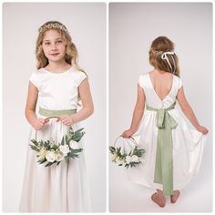 Our satin girl dress with sage green belt is a stunning and elegant choice for weddings or special occasions. Made from high-quality wedding satin fabric, this dress features a combination of a white sleeveles top with a sage green belt and white skirt. With its classic A-line silhouette and ankle gown-length style, this dress offers comfort and freedom of movement.The skirt is made of one layer of satin and additionally lined with soft fabric. Whether it's a wedding or any other special event, this dress will make any flower girl look like a true angel while adding a touch of sophistication to the occasion. ❍ ACCESSORIES ARE NOT INCLUDED But you can order them separately ❍ Please note that the colors of the objects on photos may differ from real Dress made from high quality wedding satin White Dress With Green Accessories, Sage Green Wedding Flowers, Sage Flower Girl Dress, Flower Girl Dresses Floor Length, Kids White Dress, Green Flower Girl Dresses, Kids Bridal, White Frock