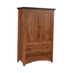 the armoire is made from wood and has two drawers