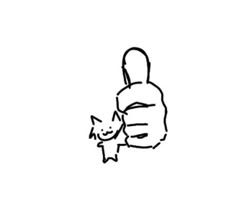 a black and white drawing of a person holding a small cat in their arms,