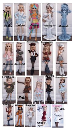 many different dolls are shown in the same photo, each with their own name on them