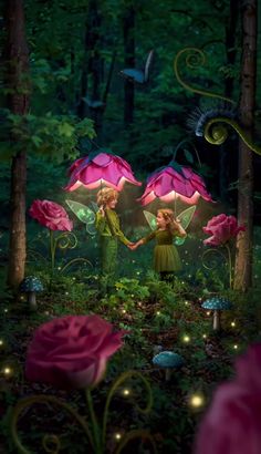 two people are holding hands in the woods with pink flowers and fairy lights on them