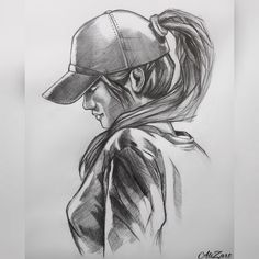 a drawing of a woman wearing a baseball cap and scarf with her hair pulled back