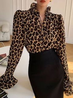 Stand Collar Blouse, Turtleneck T Shirt, Pleated Shirt, Fitted Blouses, Sleeves Clothing, Leopard Print Blouse, Long Sleeve Turtleneck, Ruffled Sleeves, Print Blouse