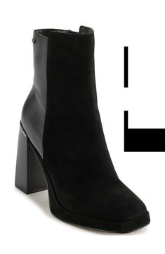 A stretchy panel and side zipper lends easy wear to a leather bootie balanced by a square toe and towering block heel. 4" heel 7" shaft; 10 1/2" calf circumference Leather and textile upper/textile lining/rubber sole Imported Black Fitted Heeled Boots With Zipper, Black Fitted Heeled Boots With Zipper Closure, Fitted Black Heeled Boots With Zipper, Fitted Black Heeled Boots With Zipper Closure, Sleek Black Boots With Zipper Closure, Black Platform Boots With Block Heel And Zipper, Black Square Toe Boots With Zipper, Modern Black Heeled Boots For Fall, Modern Fitted Black Boots