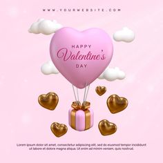 a valentine's day card with balloons in the shape of heart and gift boxes