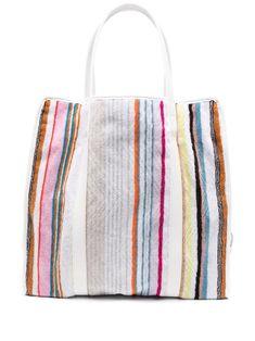 white/multicolour cotton towelling finish vertical stripe pattern lurex detailing open top two top handles main compartment full lining The item you receive may differ slightly from the item photographed. This is due to the artisanal nature with which all Missoni products are constructed. Striped Towels, Chanel 2, Iconic Bags, Demi Fine Jewelry, Summer Beach Wear, Ballet Flat Shoes, Open Top, Cotton Towels, White Bag