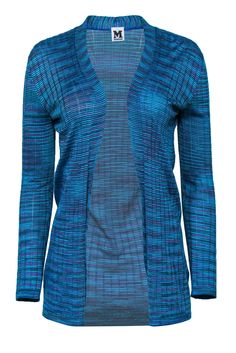 Current Boutique-M Missoni - Blue, Purple & Green Marbled Open Front Knit Cardigan Sz 2 Fitted Blue Cardigan For Fall, Blue Knit Cardigan For Layering, Colorful Knit, Leaf Peeping, Autumn Wardrobe, M Missoni, Apple Picking, Purple Green, Fall Wardrobe