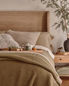 a bed with pillows and blankets on top of it next to a potted plant