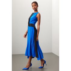 Blue satin (100% Silk). Lining (100% Silk). A-line. Sleeveless. Boat neck. Back zipper closure. 53" from shoulder to hemline. Imported. Formal A-line Midi Dress With Bias Cut, A-line Midi Dress For Party With Bias Cut, Sleeveless Bias Cut Midi Dress For Formal Occasions, Formal Sleeveless Bias Cut Midi Dress, Sleeveless Bias Cut Cocktail Midi Dress, A-line Midi Dress With Bias Cut For Cocktail, Chic Sleeveless Midi Dress With Bias Cut, Chic Silk A-line Sleeveless Dress, A-line Bias Cut Midi Dress For Formal Occasions