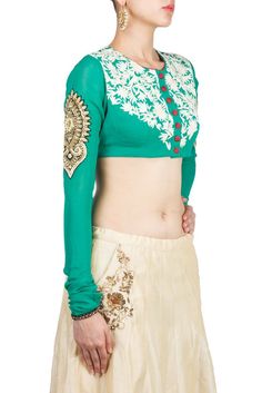 Sea Green Colour blouse in gorgette fabric Wedding Collection For Women, Sea Green Colour, White Thread Embroidery, Latest Designer Dresses, Choli Blouse, Sea Green Color, Zari Embroidery, Lehenga Online, Saree Blouses