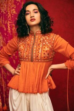 Shop for Nadima Saqib Orange Viscose Cotton Chanderi Kedia Top for Women Online at Aza Fashions Front Zip Blouse Design, Zip Blouse Design, Drawstring Sleeve, Luxury Sale, Orange Top, Online Tops, Indian Design, Mandarin Collar