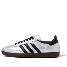 (WMNS) adidas Samba OG 'Silver Metallic Black Gum' JI4218 Metallic Sneakers For Sports, Metallic Round Toe Sneakers For Sports, Adidas Silver Sporty Sneakers, Sporty Silver Sneakers With Contrast Sole, Adidas Silver Sneakers With Boost Midsole, Metallic Sneakers With Rubber Sole For Streetwear, Silver Sneakers With Rubber Sole For Streetwear, Silver Sambas, Silver Adidas