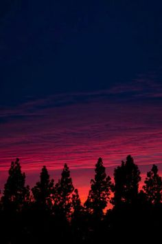 the sun is setting behind some trees in the dark blue sky with pink and purple clouds